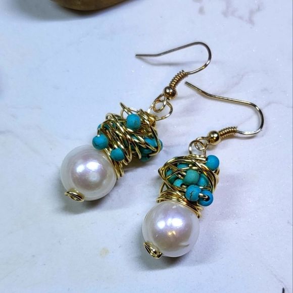 Handmade new earrings natural freshwater pearls and turquoise gold filled - Picture 1 of 6